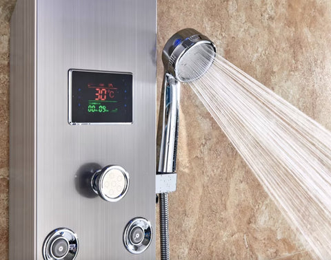 Shower faucet - Rain shower - Shower head - Shower panel - 6 in 1 - Rain shower - Waterfall shower - Faucet - Bidet - Massage jet - Hand shower - Water flow fed - Lighting and LED display - Brushed nickel