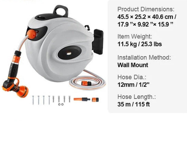 Tuinslang - Tuinslanghaspel - Heavy Duty - 35 Meter Slang - Wandslangenbox - 180° Draaibaar- Sterk Oprolmechanisme - Sproeistuk 9 Standen