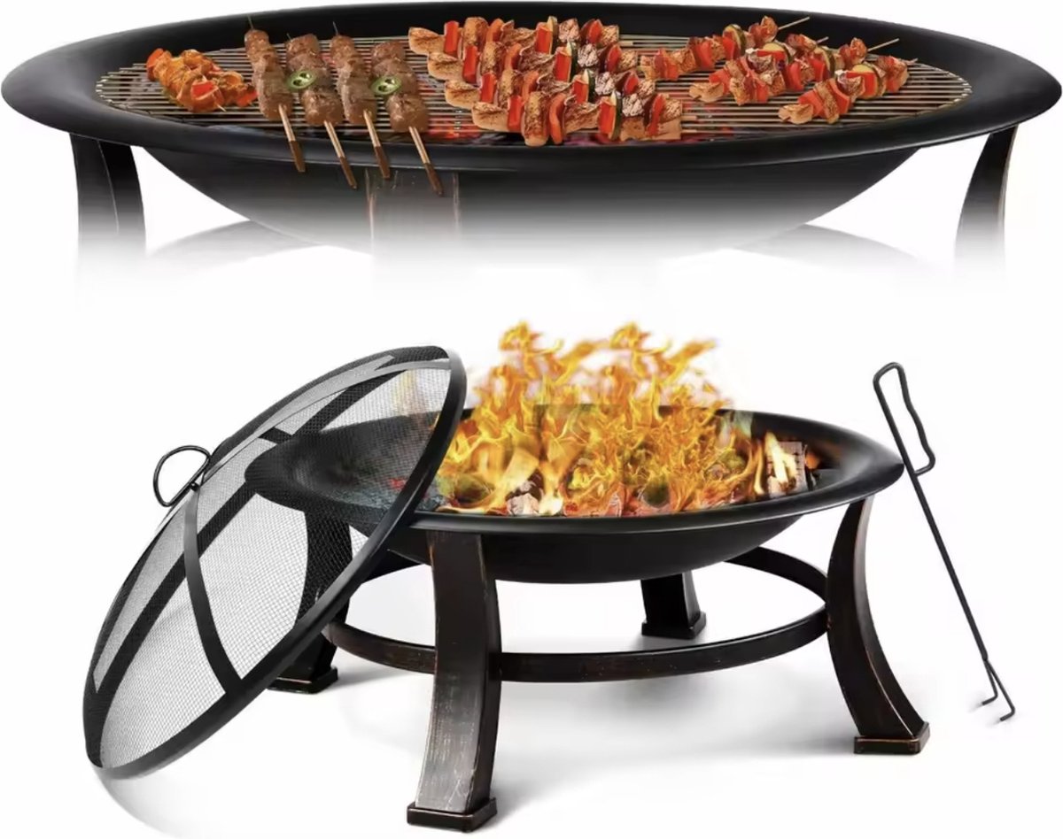 Vuurschaal - BBQ - Vuurtafel - Vuurkorf - BBQ rooster - 2in1 - Outdoor vuurschaal - Pook - Draagbaar - Zwart