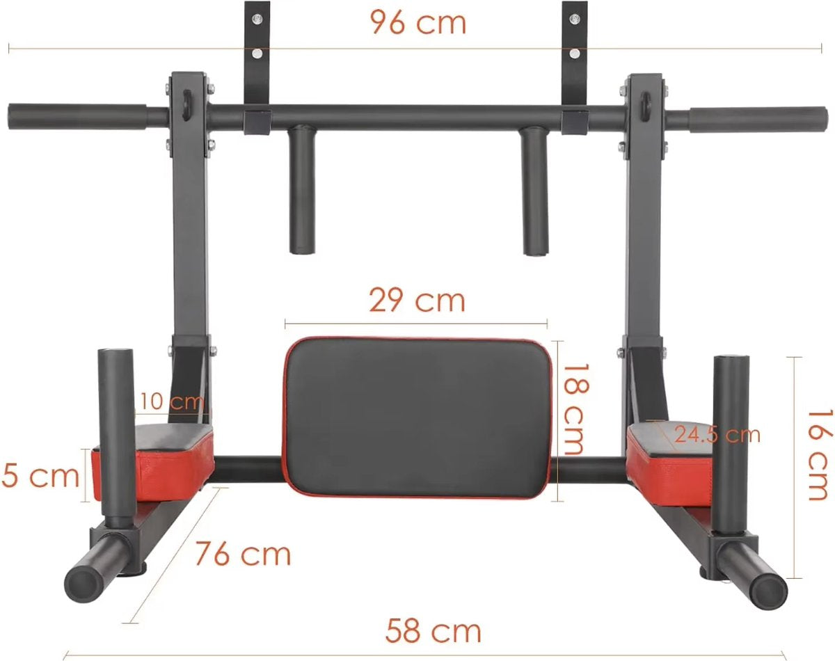 Pull up bar - Optrek stang - Fitness - Chin up - Crunches - Dip station - 3in1 - Wand gemonteerd - Max 300kg