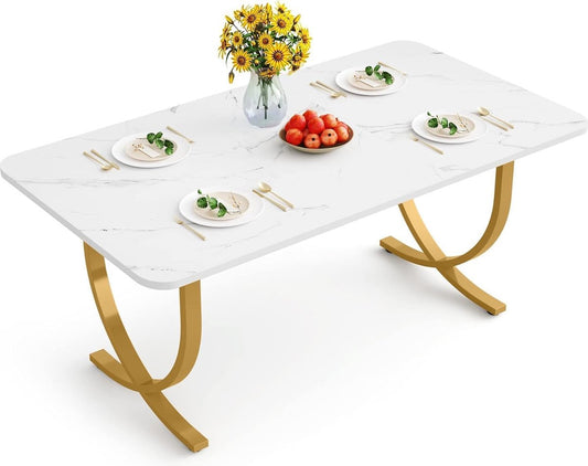 Keukentafel - Eettafel - 160 x 80 x 75 cm - Eetkamertafel voor 6-8 Personen - Rechthoekig - Modern Design - Vintage - Wit en Goud - QUORE