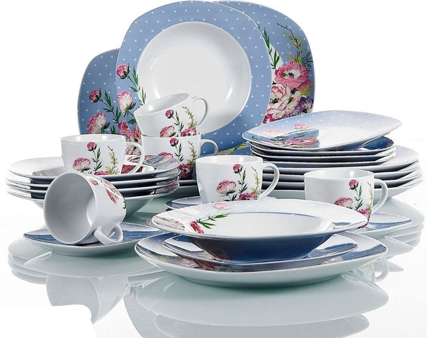 Luxe Serviesset - Bordenset - Kommen set - Soep Borden - Dessert Borden - Dinerborden - set van 30 - 6 persoons - Wit - Blauw - Bloemen