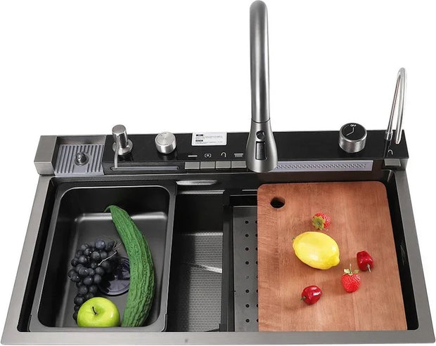 Waterfall Sink Set - Digital Display - Cup Cleaner - Waterfall - Multiple Modes - Cutting Board - Black - Modern - Unique