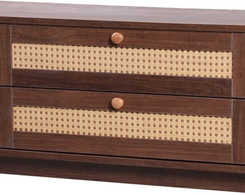 TV-Meubel - van Natuurlijke Houtmix - met Deuren en Lades - TV-Meubel met Rotan Zijkanten - Opbergoplossing - Natuurlijke - Landhuisstijl