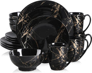 Serviesset 16 stuks - Zwart met Gold Splash - 4 x mokken, 4 x kommen, 4 x grote borden, 4 x kleine borden - Vaatwasmachinebestendig