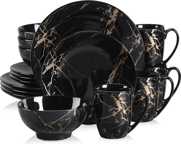 Serviesset 16 stuks - Zwart met Gold Splash - 4 x mokken, 4 x kommen, 4 x grote borden, 4 x kleine borden - Vaatwasmachinebestendig