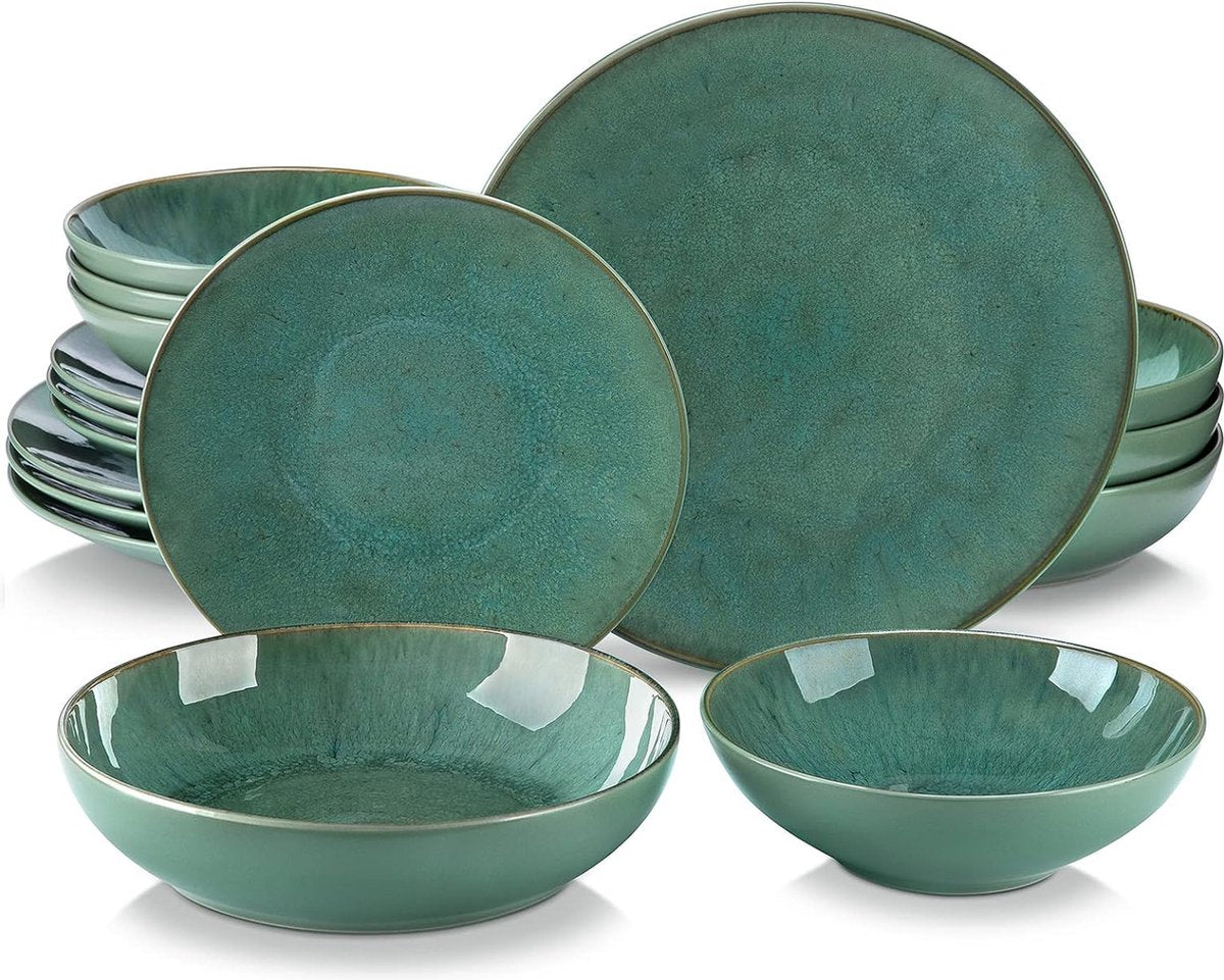 Tafelservies - 16-delige - Combiserviesset van Aardewerk - in Vintage Look - voor 4-12 Personen – Groen