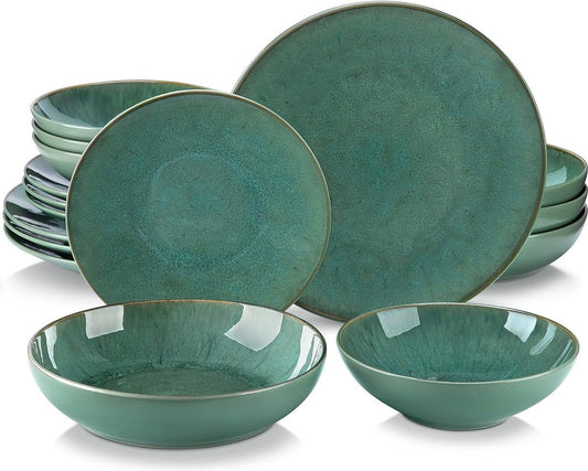 Tafelservies - 16-delige - Combiserviesset van Aardewerk - in Vintage Look - voor 4-12 Personen – Groen
