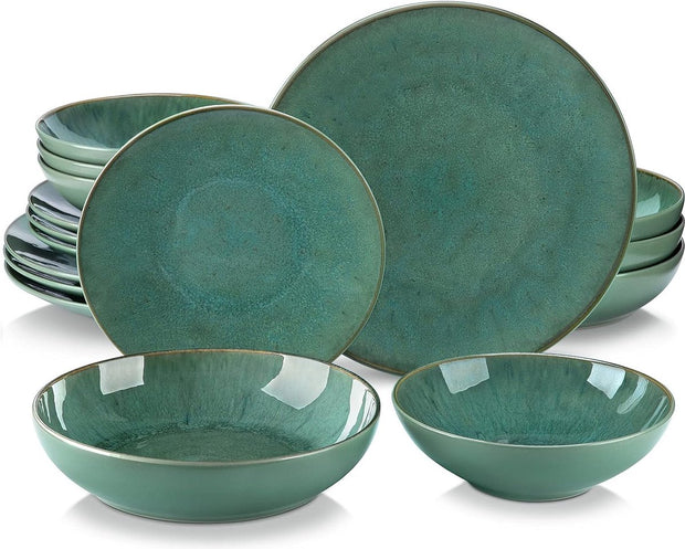 Tafelservies - 16-delige - Combiserviesset van Aardewerk - in Vintage Look - voor 4-12 Personen – Groen