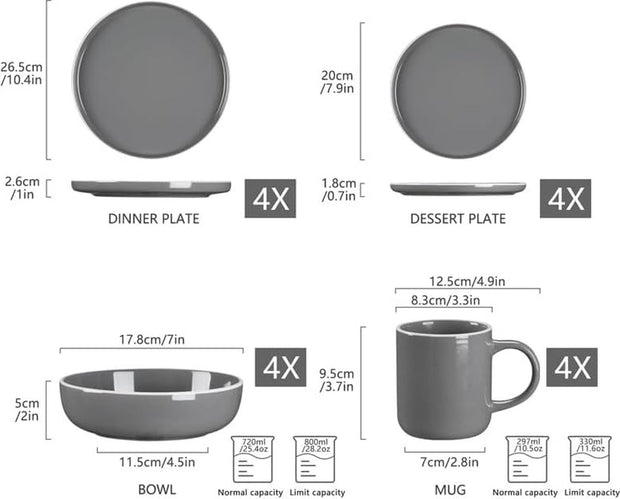 Luxe Serviesset – 16 delig – 4 persoons – Porselein - Bordenset – Dinner platen – Dessertborden - Kommen - Mokken - Grijs