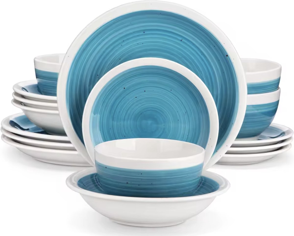 Serviesset Blauw/Wit - Keramisch - 8 borden groot - 8 borden klein - 8 diep bord - 8 kom - 32 delig - Blauw - Wit