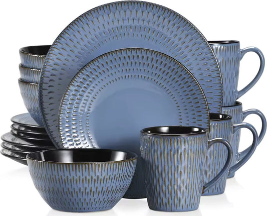 Serviesset Blauw - Keramisch - 4 borden groot - 4 borden klein - 4 kommen - 4 kopjes - 16 delig - Relief - Blauw