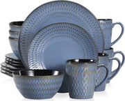 Dinnerware set Blue - Ceramic - 4 large plates - 4 small plates - 4 bowls - 4 cups - 16 pieces - Relief - Blue