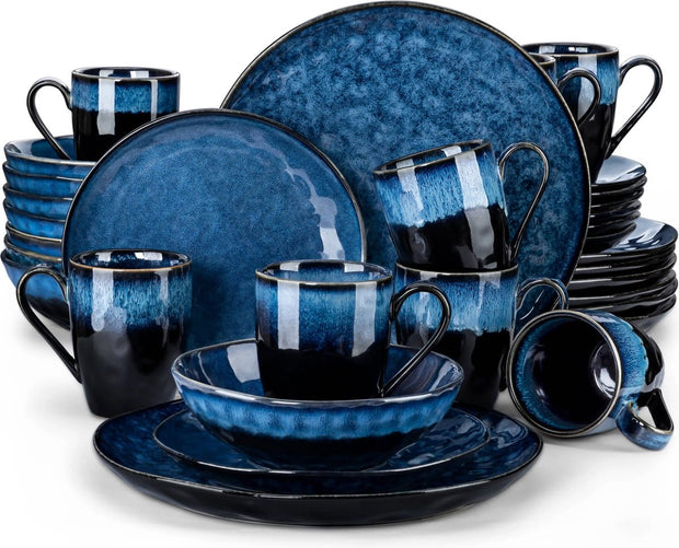 32-Delige Serviesset - 8 Persoons - Sterrenblauwe Glazuurlaag - Inclusief Dinerborden, Dessertborden, Kommen en Mokken - Blauw