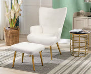 Fauteuil - Relaxing chair - Met voetenbankje - Leesstoel - Woonkamer stoel - Fauteuil - Stoel met voetenbank - Stoel met hocker - Goud metalen poten - Teddy stof - Wit