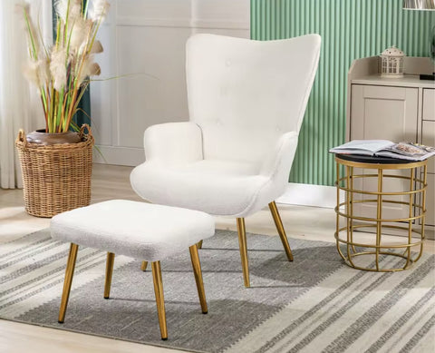 Fauteuil - Relaxing chair - Met voetenbankje - Leesstoel - Woonkamer stoel - Fauteuil - Stoel met voetenbank - Stoel met hocker - Goud metalen poten - Teddy stof - Wit