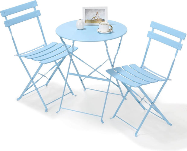 Bistro set 2 persons - Garden table round - Foldable - Collapsible - High quality and durable metal - Garden furniture - Garden chairs - Light blue