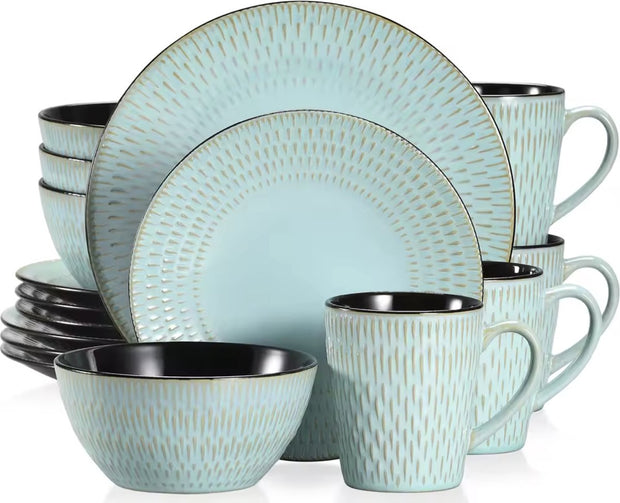 Dinnerware set green - Ceramic - 4 large plates - 4 small plates - 4 bowls - 4 cups - 16 pieces - Relief - Green