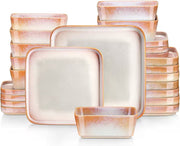 Dinnerware set white/orange - Ceramic - Square - Nevel - 8 large plates - 8 small plates - 8 bowls - 24 pieces - White - Orange