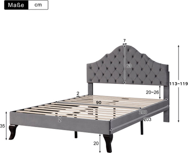 Gestoffeerd bed 90*200 - met lattenbodem en hoofdeinde- Gestoffeerd bed met in hoogte verstelbaar hoofdeinde - Jeugdbed, eenpersoonsbed - Houten lattenbodem, eenvoudige montage - Fluweel - Grijs