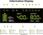 Draagbare energiecentrale - LiFePO4 zonnegenerator, - 3500 Times Cycle - 800W AC uitgang - 200W max zonne-ingang - 8 stopcontacten - Igarenaansteker - DC6530 - 2xUSB-A - 3x Type-C - AC uitgang - Volledig opgeladen - 512Wh - Groen