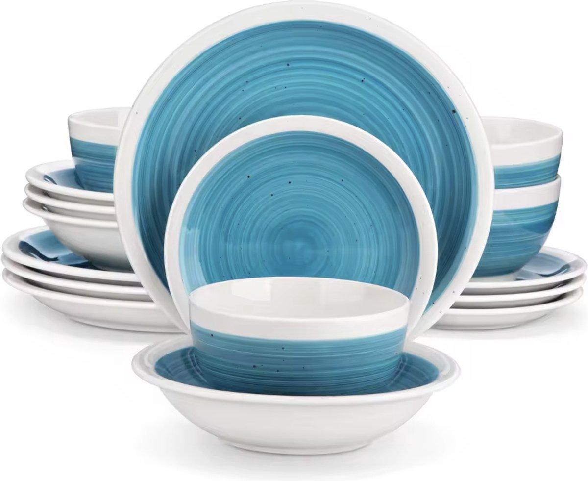 Serviesset Blauw/Wit - Keramisch - 4 borden groot - 4 borden klein - 4 diep bord - 4 kom - 16 delig - Blauw - Wit