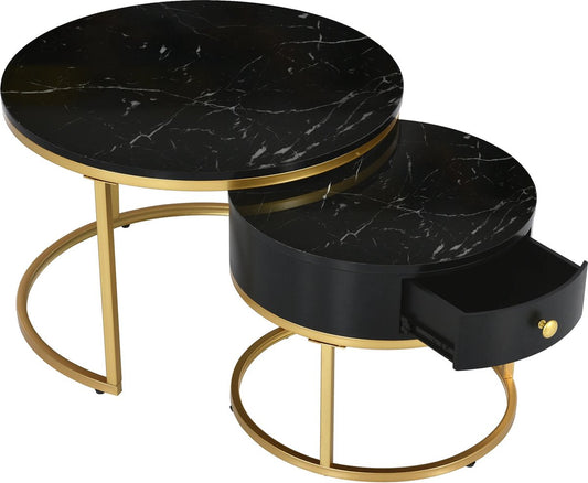 Nique Modern coffee table set of 2 - Living room balcony office - Round wood accent coffee tables with drawer - Gold sturdy metal frame - Easy assembly - MDF -Marble - Black with gold -70cm and 50cm