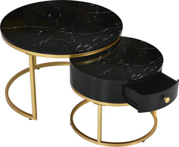 Nique Moderne salontafel set van 2 - Woonkamer balkon kantoor - Ronde hout accent salontafels met lade- Goud stevig metalen frame - Eenvoudige montage - MDF -Marmer - Zwart met goud -70cm en 50cm