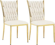 Eetkamerstoel - Set van 2 stoelen - Fluwelen eetkamer stoel - Eetkamerstoelen - Eettafel stoel - Velvet - Fluweel - Gevlochten patroon - Gouden poot - Metaal - Wit - Goud