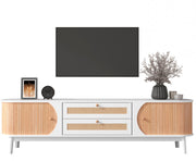 TV-Meubel - van Natuurlijke Houtmix - met Deuren en Lades - TV-Meubel met Rotan Zijkanten - Opbergoplossing - Natuurlijke - Landhuisstijl