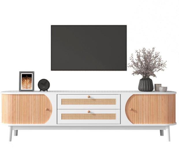 TV-Meubel - van Natuurlijke Houtmix - met Deuren en Lades - TV-Meubel met Rotan Zijkanten - Opbergoplossing - Natuurlijke - Landhuisstijl