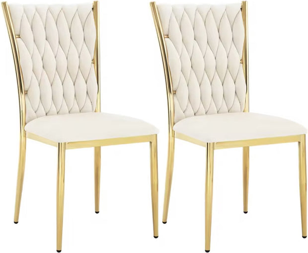 Eetkamerstoel - Set van 2 stoelen - Fluwelen eetkamer stoel - Eetkamerstoelen - Eettafel stoel - Velvet - Fluweel - Gevlochten patroon - Gouden poot - Metaal - Wit - Goud