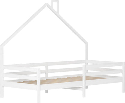Children's House Bed - Solid Wood - Slatted Base - Pine House Bed With Roof - White - 90x200cm