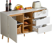 Moderne witte dressoirkast – 140x40x80,5 cm – Opbergkast met 3 lades, open compartimenten en planken – Dressoir met kantelbeveiliging – Voor woonkamer, hal of slaapkamer