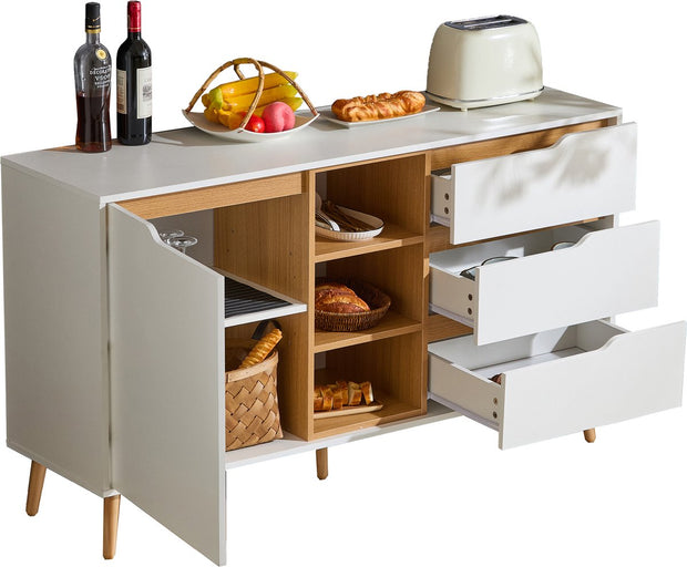 Moderne witte dressoirkast – 140x40x80,5 cm – Opbergkast met 3 lades, open compartimenten en planken – Dressoir met kantelbeveiliging – Voor woonkamer, hal of slaapkamer