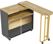 Uitschuifbare Bartafel met Opbergruimte - Moderne Verplaatsbare Bartafel - Telescopische Bartafel met LED - Bartafel - Bistrotafel - Hoge Tafel - Kookeiland - Bistrotafel - (138-204×39×105cm) - Zwart & Goud