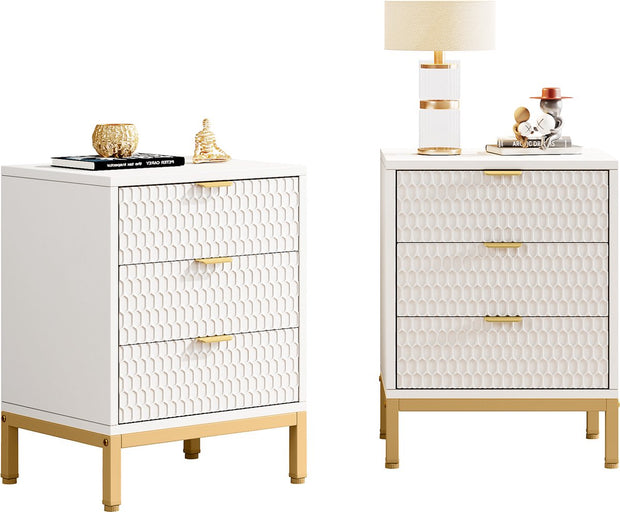 Nachtkastje - Houten Nachtkastjes - Nachtkastje met 3 Lades - Wit en Goud - Nachtkastjes Modern - 40 x 50 x 65.5 cm