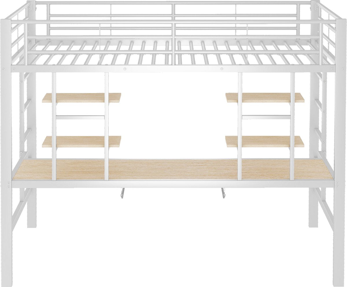 Kinderbed - Zonder matras - Zonder stoel - Metalen Bedframe met Bureau en Twee Boekenplanken - Geschikt voor Kinderen - Tieners en Volwassenen - 90x200 cm - Zwart