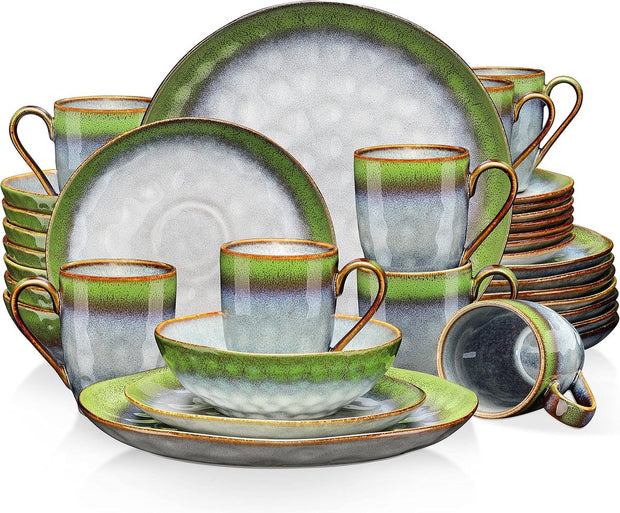 Luxe Serviesset – 32 delig – 8 persoons – Porselein - Bordenset – Dinner platen – Dessertborden - Kommen - Schaaltjes - Groen