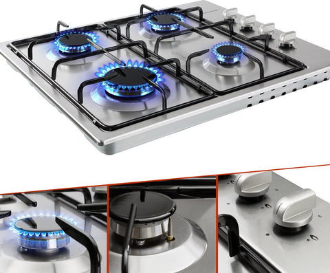 Gas hob 4 burners - stainless steel - incl. grids &amp; ignition protection