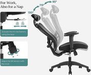 Bureaustoel - Ergonomische bureaustoel - Computerstoel - Mesh stoel - Verstelbare lendensteun en hoofdsteun - Maximale belasting 150 kg - Hoogte verstelbaar - Zwart