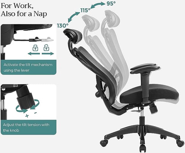 Bureaustoel - Ergonomische bureaustoel - Computerstoel - Mesh stoel - Verstelbare lendensteun en hoofdsteun - Maximale belasting 150 kg - Hoogte verstelbaar - Zwart
