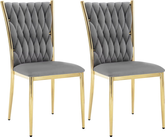 Dining chair - Set of 2 chairs - Velvet dining chair - Dining room chairs - Dining table chair - Velvet - Velvet - Braided pattern - Gold leg - Metal - Gray - Gold