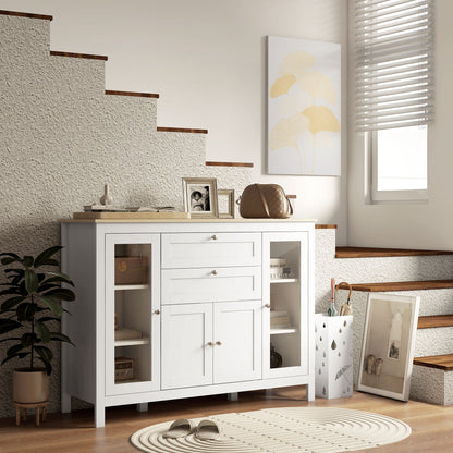 Dressoir – Buffet – Kast – Opbergmeubel – Woonkamermeubel – Wit Met Houtlook – 2 Glazen Deuren – Verstelbare Planken – 2 Lades – 1 Afsluitbare Kast – MDF En Metaal – Anti-Kantel Veiligheid