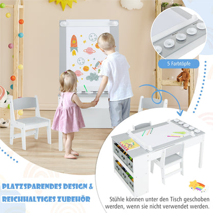 Kindertafel – Kinderbureau – Speeltafel – Knutseltafel – Schildersezel – Houten 3-in-1 Zetelset – Met Opbergruimte & Lift-Top Tafelblad – Grijs