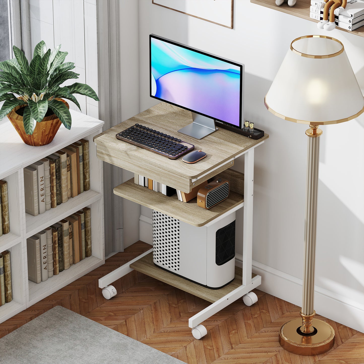Rollend Bureau – Mobiel Bureau – Compact Bureau – Werkplek met Lade – Opbergrekken – Variant Eiken – Stevig Spaanplaat en Metaal – 4 Draaibare Wieltjes met Rem