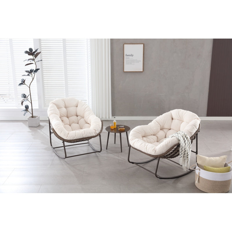 Schommelstoel – Relaxstoel – Fauteuil – Loungestoel – Tuinstoel – Oversized Ei-Vorm – 15,24 cm Dikke Kussen – Poedergecoat Stalen Frame & Handgevlochten Wit Rattan