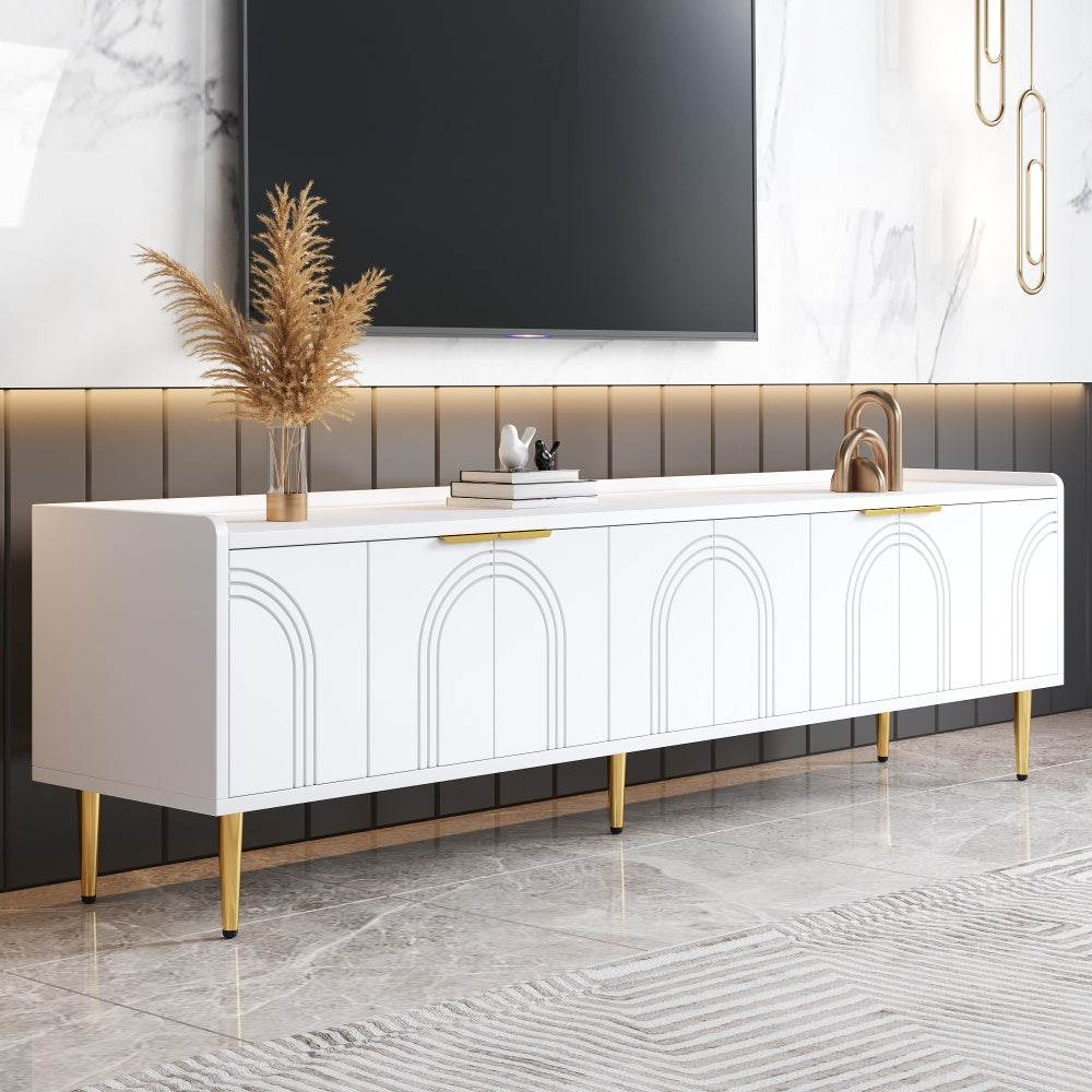 TV Cabinet | Low Unit with Textured Doors, Golden Handles, and Golden Feet | Optimal Storage for Audio-Visual Equipment, Games Consoles, Books, or Decorative Items | Keeps Belongings Efficiently Organized and Tidy | Metal Mat