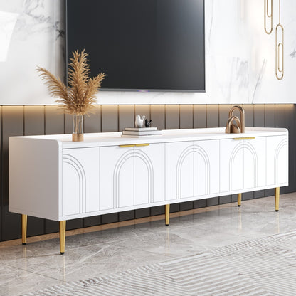 TV Cabinet | Low Unit with Textured Doors, Golden Handles, and Golden Feet | Optimal Storage for Audio-Visual Equipment, Games Consoles, Books, or Decorative Items | Keeps Belongings Efficiently Organized and Tidy | Metal Mat