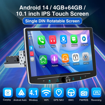 Autostereo – Autoradio – 1 DIN Radio – Multimedia Speler – Car Player – 10,1 Inch Draaibaar HD IPS Scherm – Android 14, 4GB+64GB Geheugen